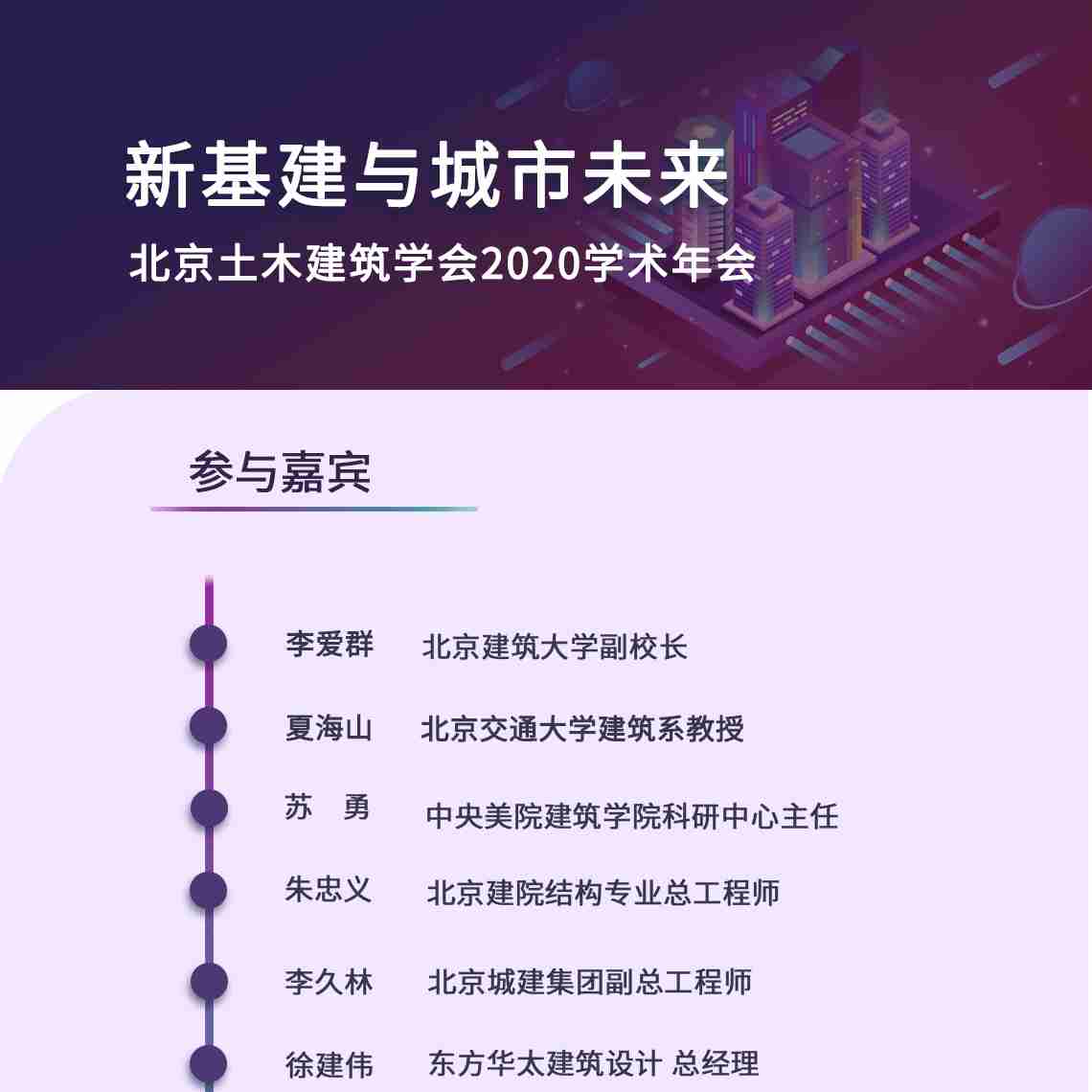 活动主题：新基建与城市未来具体内容包括：首都核心建设，健康建筑、韧性城市、智能交通工程、数字市政工程、综合防灾减灾、智慧建造、工程质量大数据监督与智能管控、土木工程科学发展等