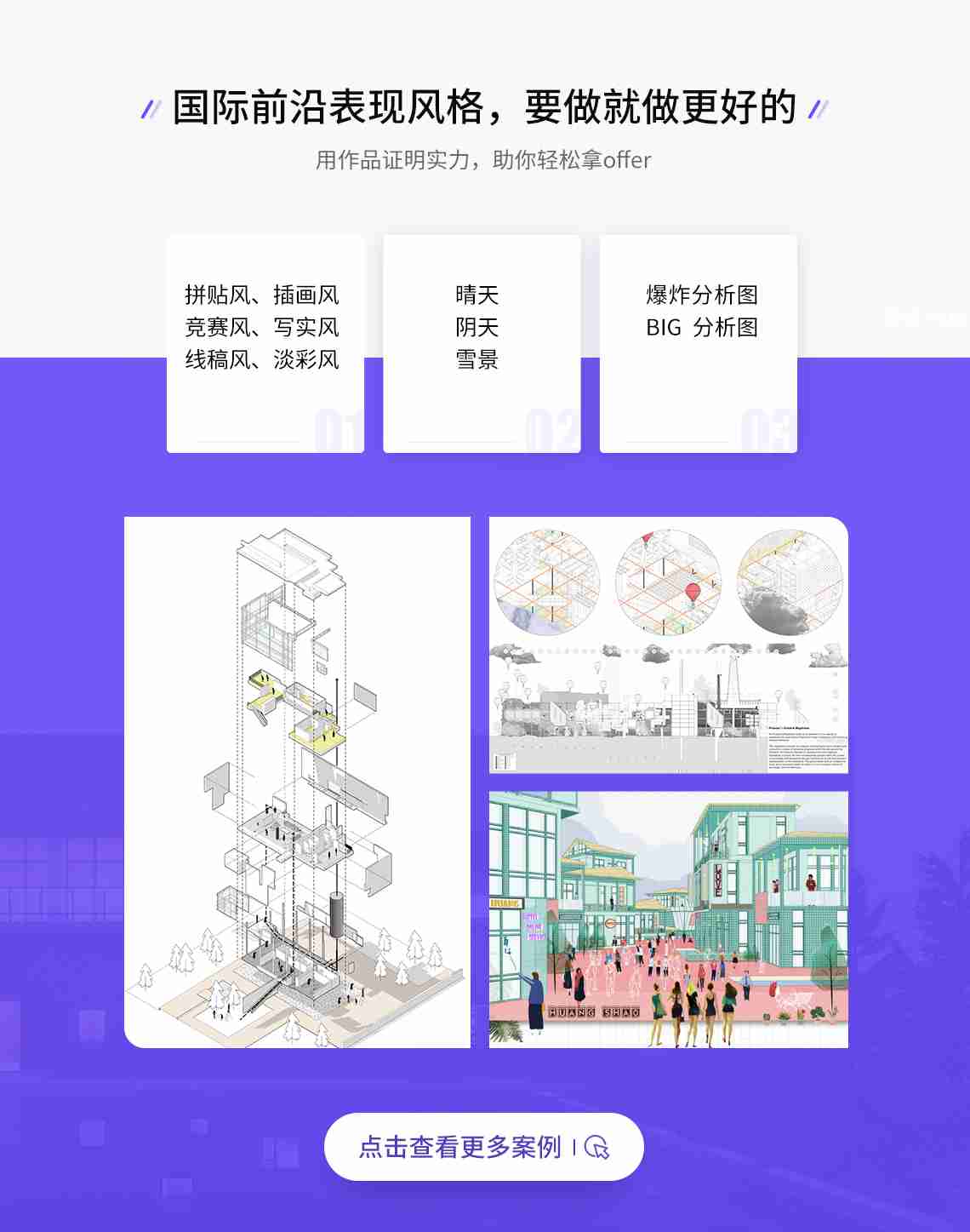 实战案例教学，0基础搞定文本展板+作品集
丰富作品，证明实力，轻松过课设，减轻求职压力

平面图、立面图、剖面图
插件运用
建模推导
模型渲染
效果图
分析图
文本&展板
